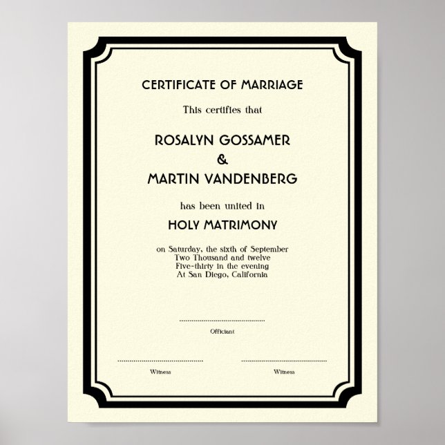 Pôster Nave de certificado de casamento do Black Deco (Frente)