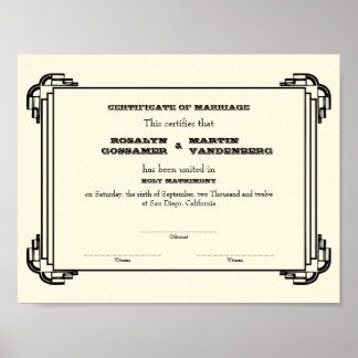 Pôster Nave de certificado de casamento do Black Deco