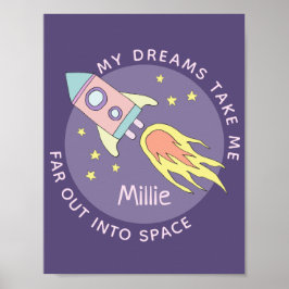 Poster Nave Espacial Rosa Menina Espaço e Nome Crianças