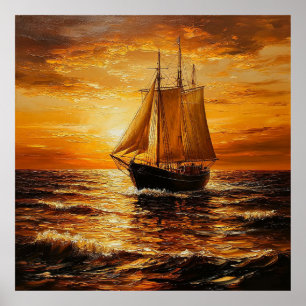 Poster Navio à Vela ao Pôr do Sol com Céu Dourado