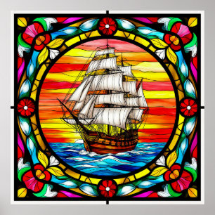 Poster Navio à Vela em Mar Aberto ao Pôr do Sol