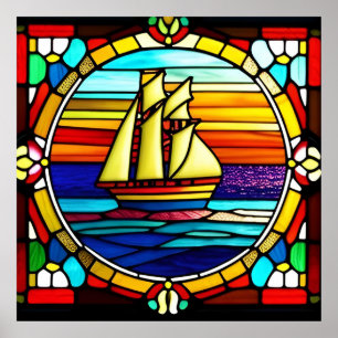 Poster Navio à Vela em Vidro Pintado ao Pôr do Sol