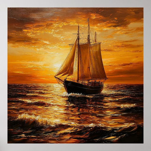 Poster Navio à vela no Sunset com Céu Ouro (Frente)