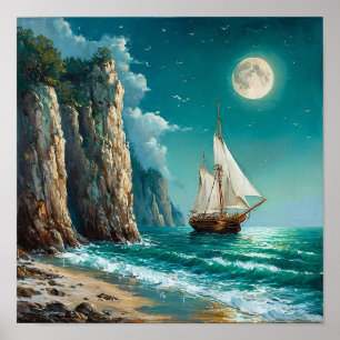 Poster Navio à Vela Oceano Clássico Paisagem Marítima