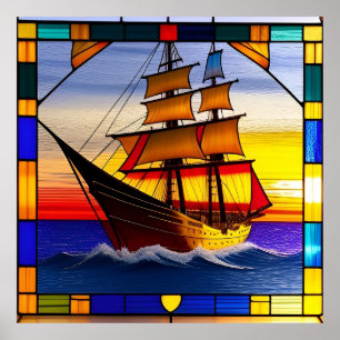 Poster Navio à Vela Sobre Ondas do Oceano