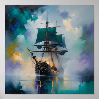 Poster Navio Alto Místico na Névoa – Pintura Náutica Sonh