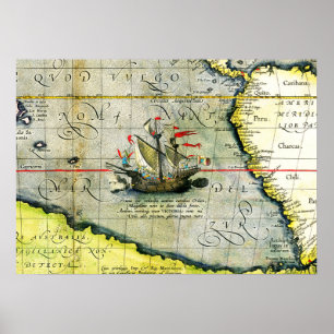 Poster Navio de Magalhães Victoria, Mapa Antiquado do Oce