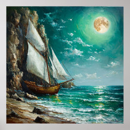 Poster Navio de vela ancorado perto de penhascos rochosos