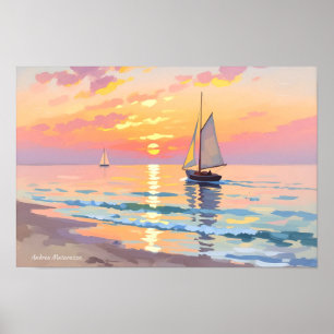 Poster Navio de vela no pôr do sol no mar