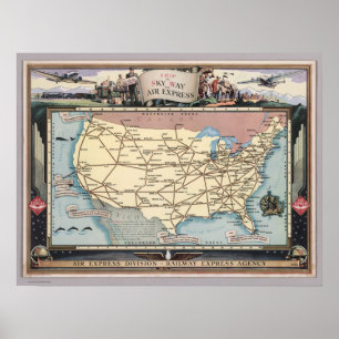 Poster Navio do mapa dos Estados Unidos o Skyway através