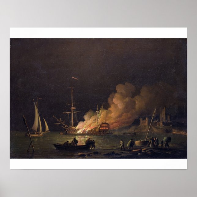Pôster Navio em Fogo à Noite, c.1756 (óleo na canvas) (Frente)