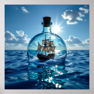 Poster Navio em uma garrafa flutuando no oceano