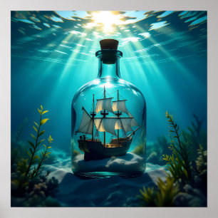 Poster Navio em uma garrafa no oceano