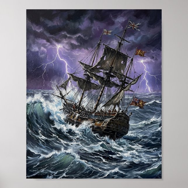 Poster Navio Galeão Dramático Tempestade Oceano Relâmpago (Frente)