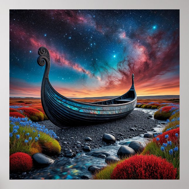 Poster Navio Longo Viking em uma Paisagem Vibrante (Frente)