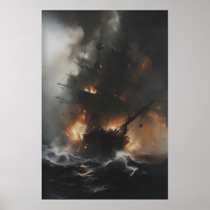 Poster Navio Pirata Ardendo em Oceano Tempestuoso Nautica