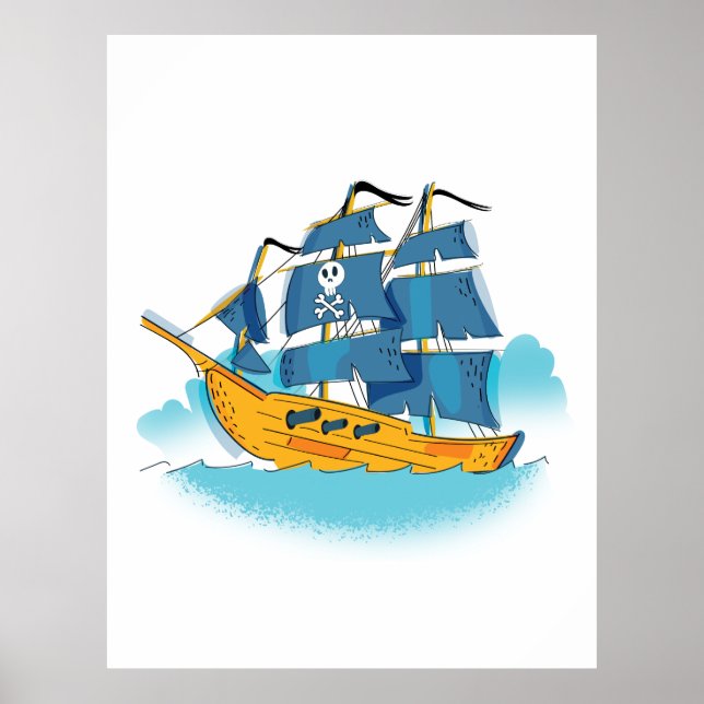 Poster Navio Pirata de Desenho Animado Fofo (Frente)