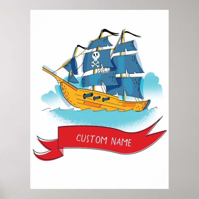 Poster Navio Pirata de Desenho Animado Fofo com texto per (Frente)