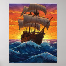 Navio Pirata de Vidro Colorido ao Pôr do Sol - Oce
