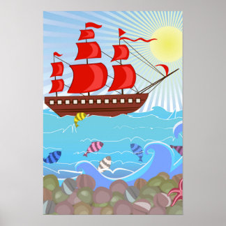Poster Navio pirata vermelho ilustrado