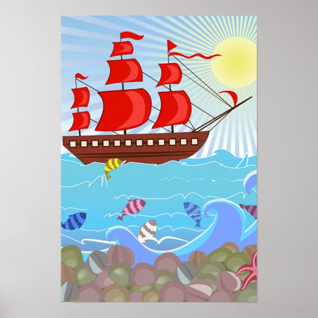 Poster Navio pirata vermelho ilustrado (Frente)