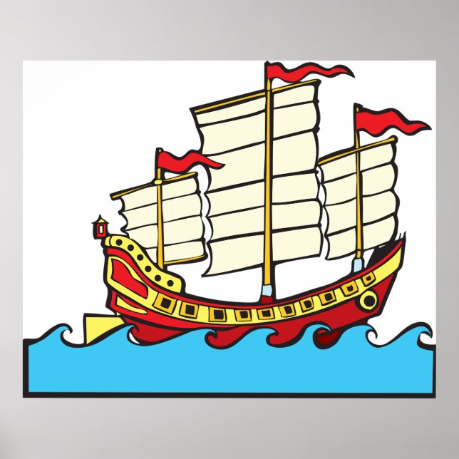 Poster Navio Tradicional Vermelho da China de Estilo Junc (Frente)