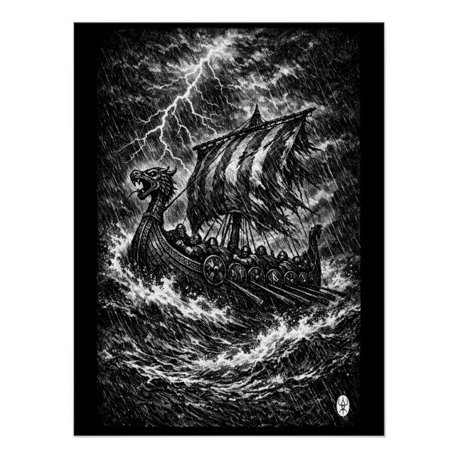 Pôster Navio Viking no Temporal — Ink Saga Art (Frente)