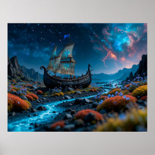 Poster Navio Viking sob um céu estrelado