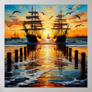 Poster Navios Altos Históricos Navegando ao Pôr do Sol co