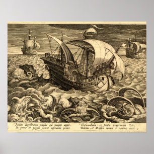Poster Navios da antiguidade 1590 e monstro de mar