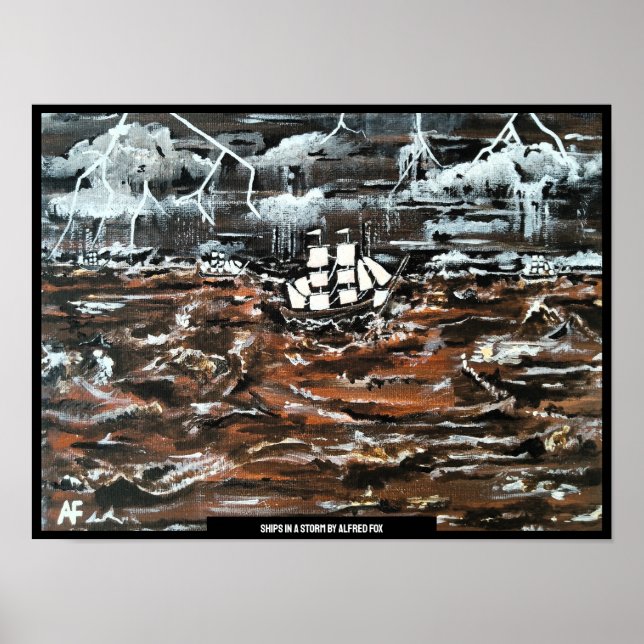 Poster Navios em uma Tempestade Pintura por Alfred Fox (Frente)