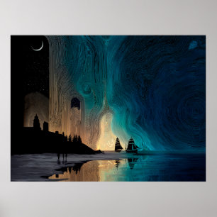 Poster Navios sob a lua crescente e luzes Nortes