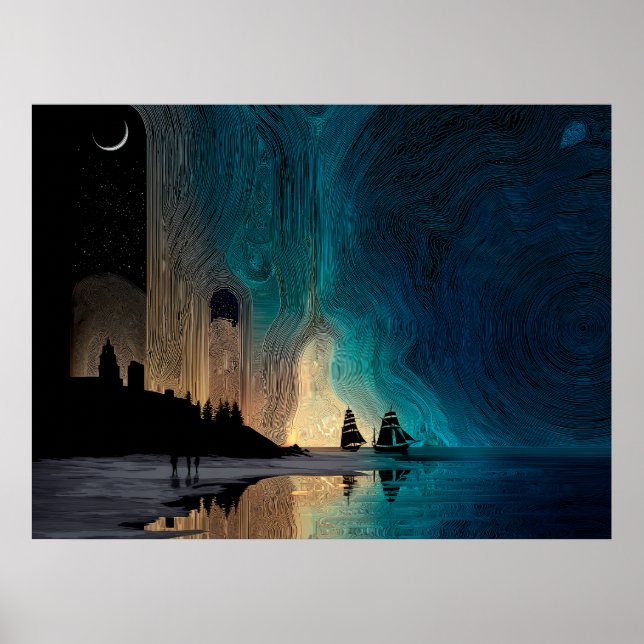Poster Navios sob a lua crescente e luzes Nortes (Frente)
