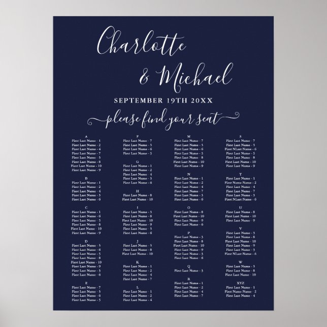 Poster Navy Blue Alphabetical Wedding Seating Chart (Frente)