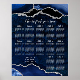 Poster Navy Blue and Silver Agate Wedding Seating Chart