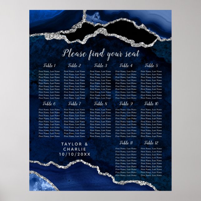 Poster Navy Blue and Silver Agate Wedding Seating Chart (Frente)