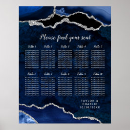 Poster Navy Blue and Silver Agate Wedding Seating Chart