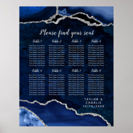 Poster Navy Blue and Silver Agate Wedding Seating Chart