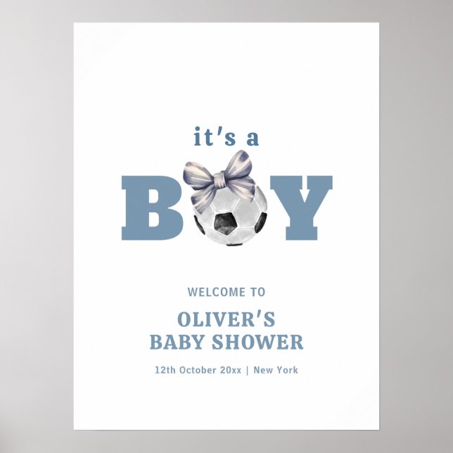 Poster Navy Blue Cute Bow Soccer Boy Baby Shower Welcome (Frente)