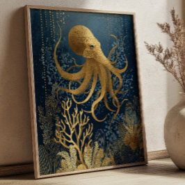 Poster Navy Blue& Gold Kintsugi Octopus Underwater 