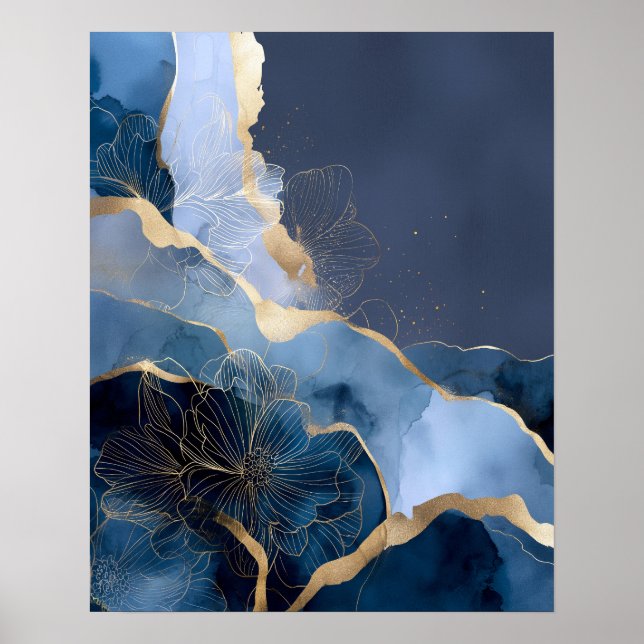 Poster Navy Blue Gold Modern Abstract Flowers Wall Art (Frente)