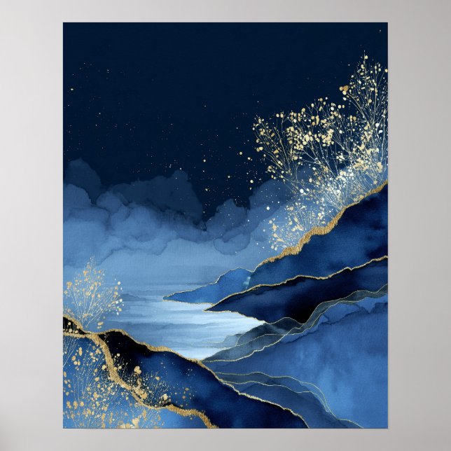 Poster Navy Blue Gold Modern Abstract Landscape Wall Art (Frente)