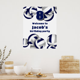Poster navy blue gray volleyballs birthday party welcome