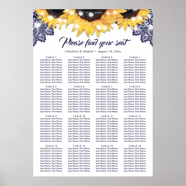 Poster Navy Blue Lace Sunflower Wedding Seating Chart 16 (Frente)