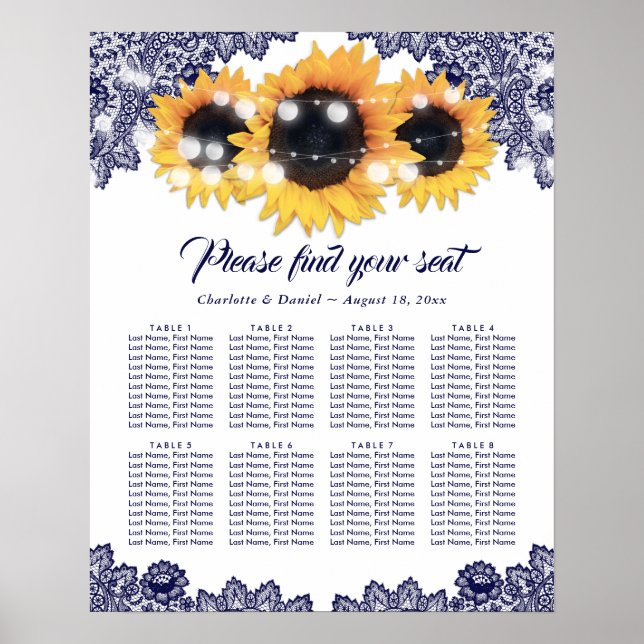 Poster Navy Blue Lace Sunflower Wedding Seating Chart 8 (Frente)