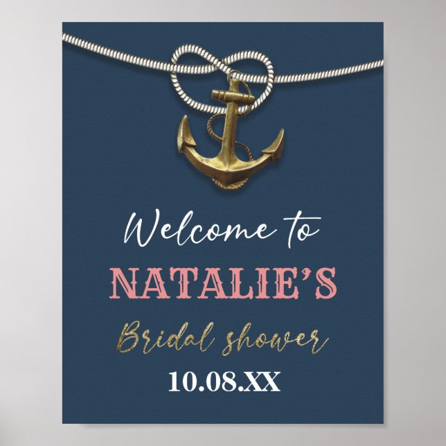 Poster Navy Blue Nautical Gold Anchor Rope Bridal Shower (Frente)