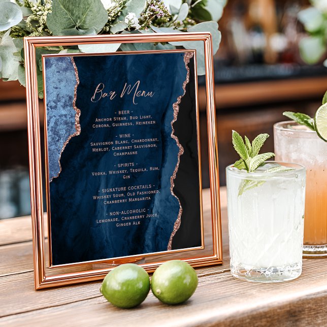 Poster Navy Blue Rose Gold Agate Script Wedding Bar Menu  (Criador carregado)