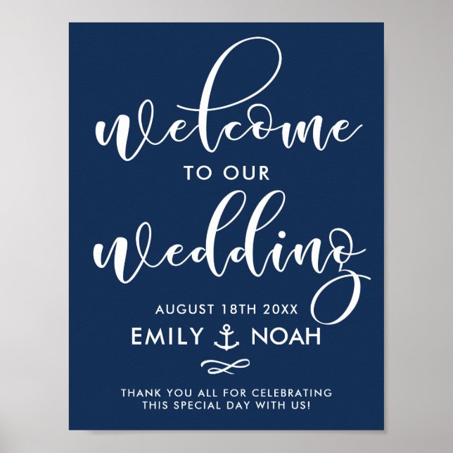 Pôster Navy Blue Script Nautical Wedding Welcome Sign (Frente)