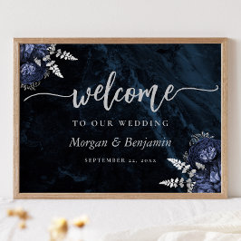 Poster Navy Blue Silver Floral Wedding Welcome