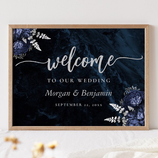Poster Navy Blue Silver Floral Wedding Welcome (Criador carregado)